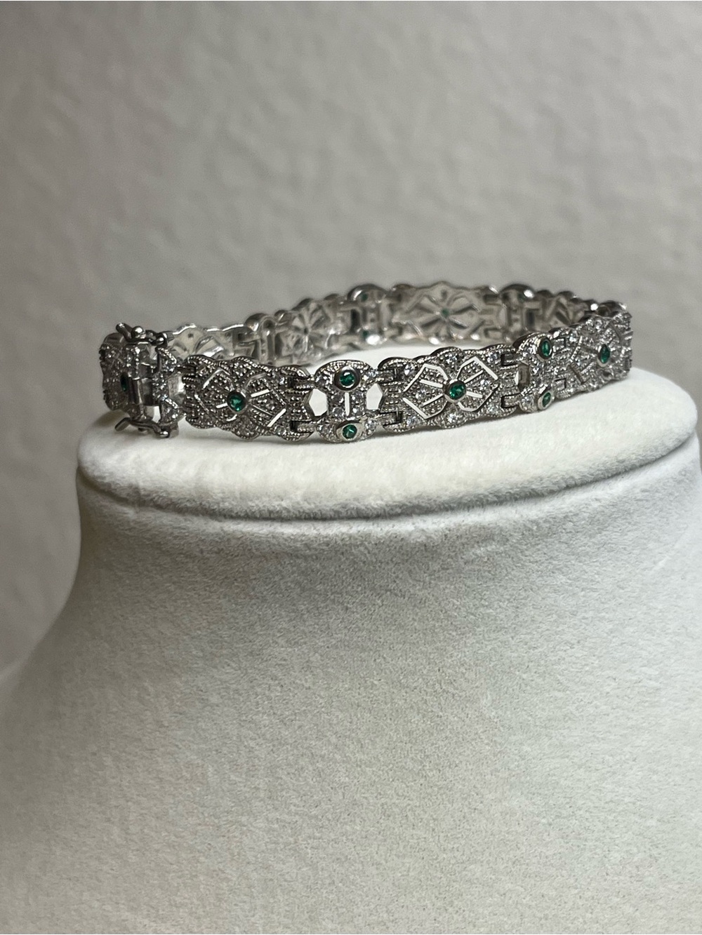 Vtg Sterling Silver 925 Bracelet Filigree Art Deco Green CZ 7”